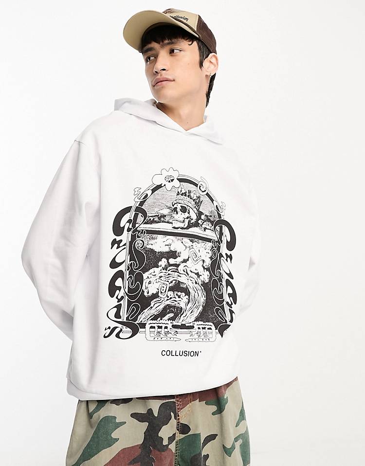 COLLUSION front print graphic hoodie in white